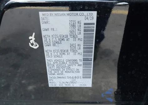 2019 Infiniti Qx60 Pure z USA, uszkodzony, nr VIN 5N1DL0MN4KC566805